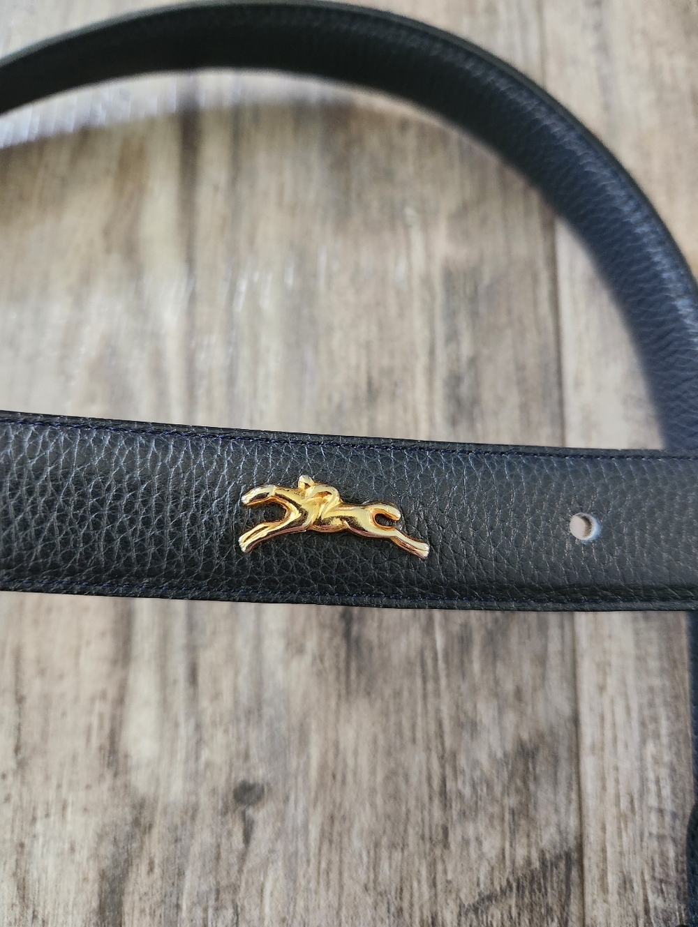 Longchamp Vintage Navy Leather Belt Gold Buckle Longchamp Plaque Made In Italy